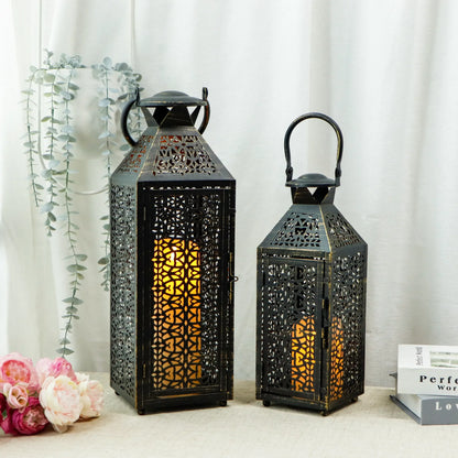 19"&14''H Moroccan Decorative Metal Candle Holders with Hollow Pattern