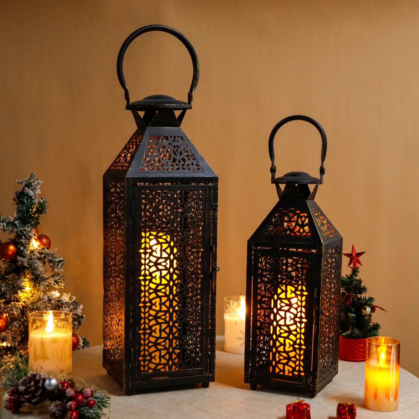 19"&14''H Moroccan Decorative Metal Candle Holders with Hollow Pattern