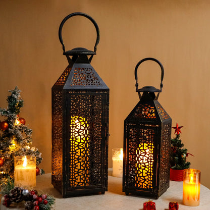 19"&14''H Moroccan Decorative Metal Candle Holders with Hollow Pattern
