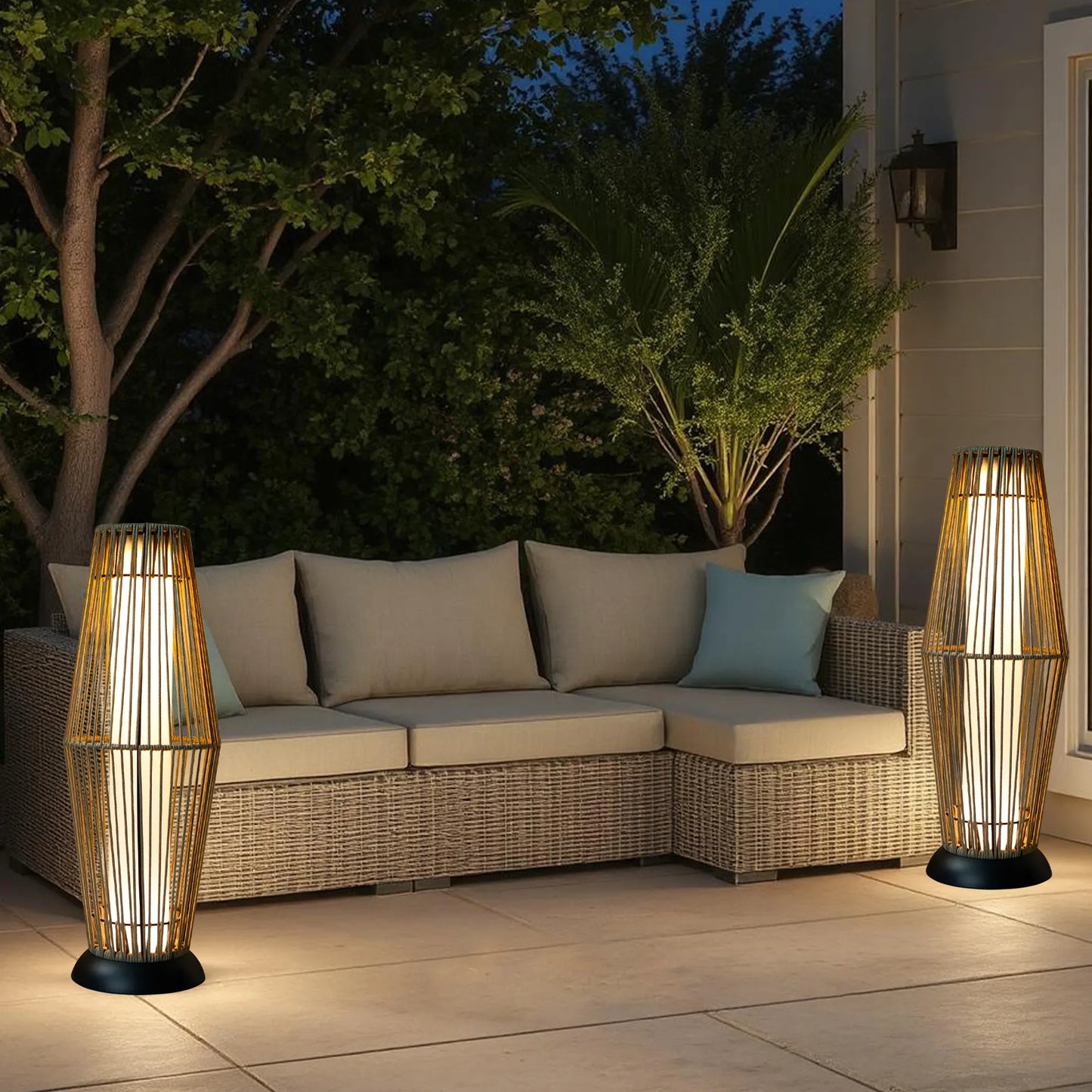Outdoor Floor Lamp 2 Piece Solar Powered Lantern Wicker Solar Patio Lamp