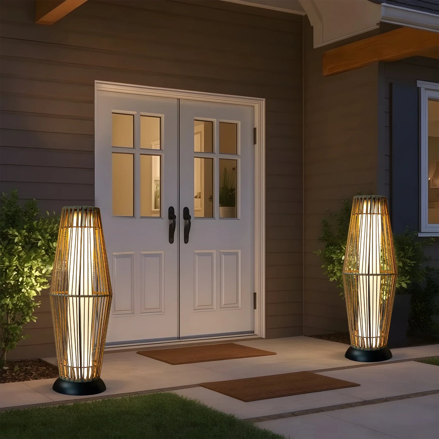 Outdoor Floor Lamp 2 Piece Solar Powered Lantern Wicker Solar Patio Lamp