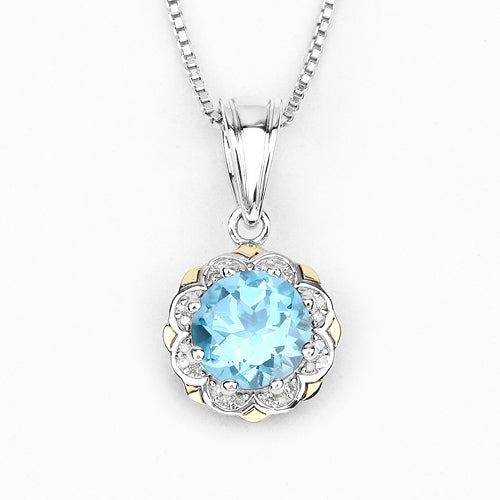 2.32 Carat Genuine Swiss Blue Topaz and White Diamond 14K Yellow Gold with .925 Sterling Silver Pendant