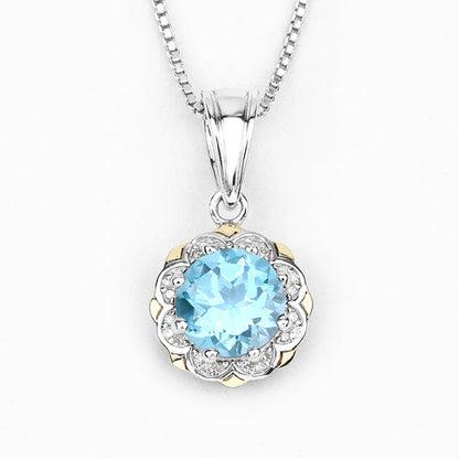 2.32 Carat Genuine Swiss Blue Topaz and White Diamond 14K Yellow Gold with .925 Sterling Silver Pendant
