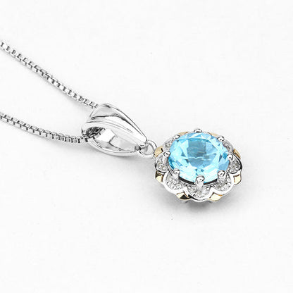 2.32 Carat Genuine Swiss Blue Topaz and White Diamond 14K Yellow Gold with .925 Sterling Silver Pendant
