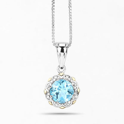 2.32 Carat Genuine Swiss Blue Topaz and White Diamond 14K Yellow Gold with .925 Sterling Silver Pendant