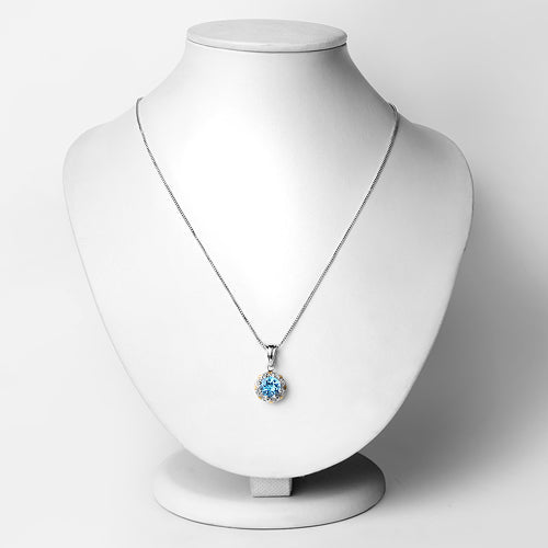2.32 Carat Genuine Swiss Blue Topaz and White Diamond 14K Yellow Gold with .925 Sterling Silver Pendant