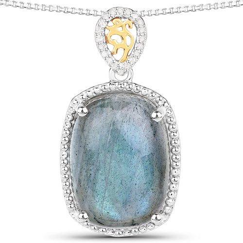 11.05 Carat Genuine Labradorite and White Diamond 14K Yellow Gold with .925 Sterling Silver Pendant