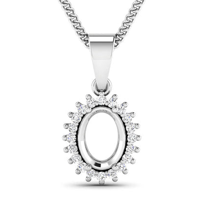 0.13 Carat Genuine White Diamond 14K White Gold Semi Mount Pendant - holds 8x6mm Oval Gemstone