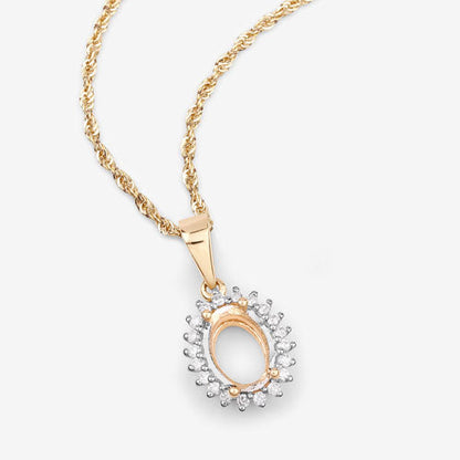 0.13 Carat Genuine White Diamond 14K Yellow Gold Semi Mount Pendant - holds 8x6mm Oval Gemstone