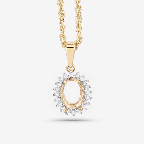 0.13 Carat Genuine White Diamond 14K Yellow Gold Semi Mount Pendant - holds 8x6mm Oval Gemstone