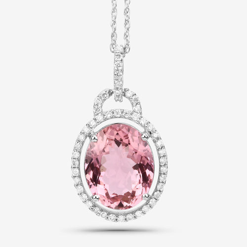 3.90 Carat Genuine Pink Tourmaline and White Diamond 14K White Gold Pendant