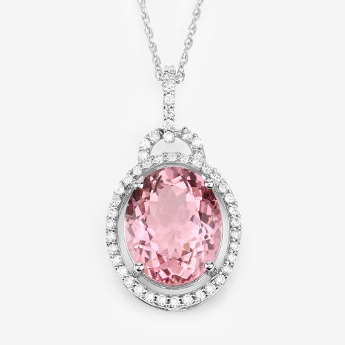 3.90 Carat Genuine Pink Tourmaline and White Diamond 14K White Gold Pendant
