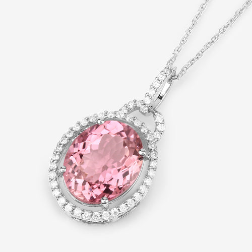 3.90 Carat Genuine Pink Tourmaline and White Diamond 14K White Gold Pendant