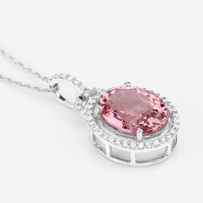 3.90 Carat Genuine Pink Tourmaline and White Diamond 14K White Gold Pendant
