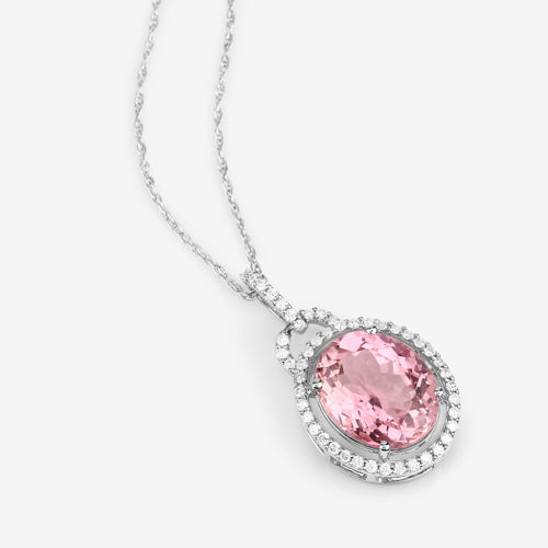 3.90 Carat Genuine Pink Tourmaline and White Diamond 14K White Gold Pendant