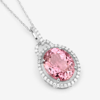 3.90 Carat Genuine Pink Tourmaline and White Diamond 14K White Gold Pendant