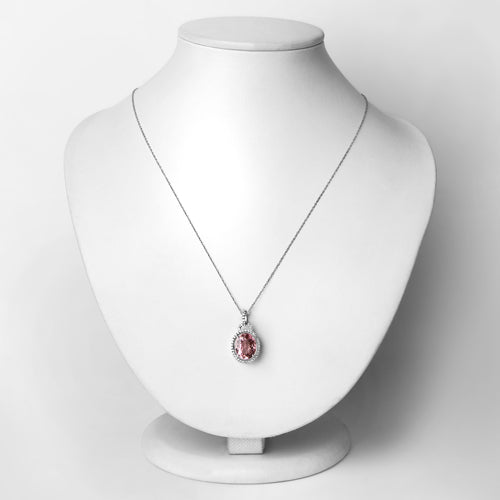 3.90 Carat Genuine Pink Tourmaline and White Diamond 14K White Gold Pendant