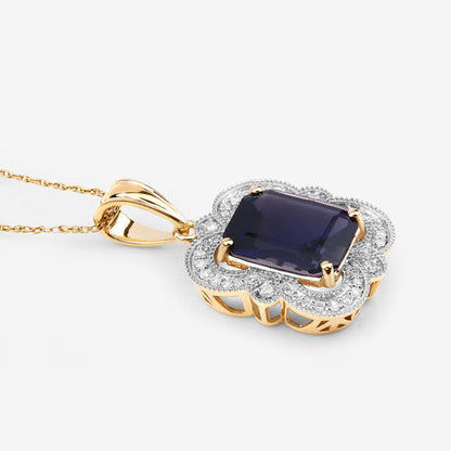 4.07 Carat Genuine Iolite and White Diamond 14K Yellow Gold Pendant