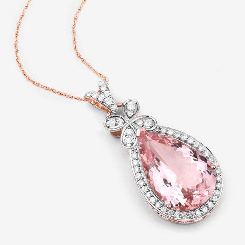 8.14 Carat Genuine Morganite and White Diamond 14K Rose Gold Pendant