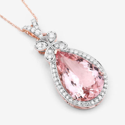 8.14 Carat Genuine Morganite and White Diamond 14K Rose Gold Pendant