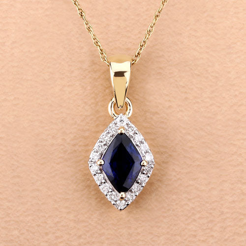0.92 Carat Genuine Blue Sapphire and White Diamond 14K Yellow Gold Pendant