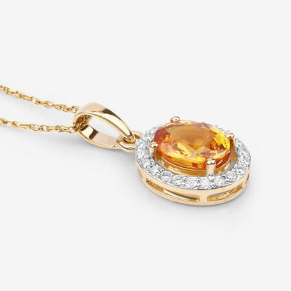 1.78 Carat Genuine Yellow Sapphire and White Diamond 14K Yellow Gold Pendant