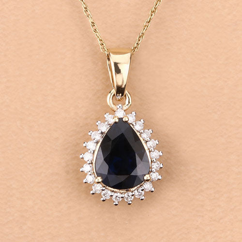 2.09 Carat Genuine Blue Sapphire and White Diamond 14K Yellow Gold Pendant
