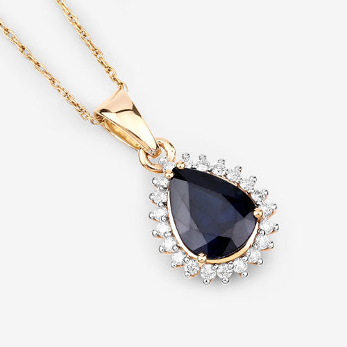 2.09 Carat Genuine Blue Sapphire and White Diamond 14K Yellow Gold Pendant