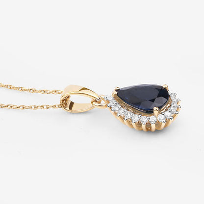 2.09 Carat Genuine Blue Sapphire and White Diamond 14K Yellow Gold Pendant