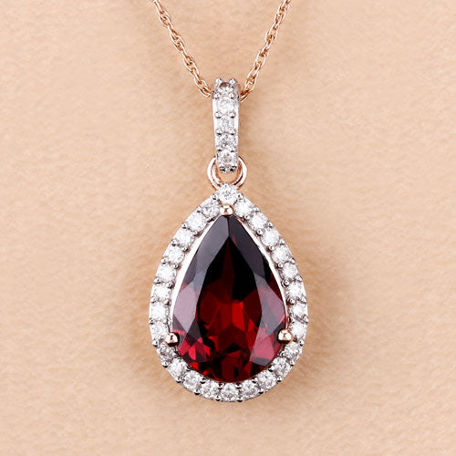 3.29 Carat Genuine Rhodolite and White Diamond 14K Rose Gold Pendant