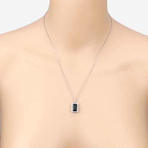 3.55 Carat Genuine Green Tourmaline and White Diamond 14K White Gold Pendant