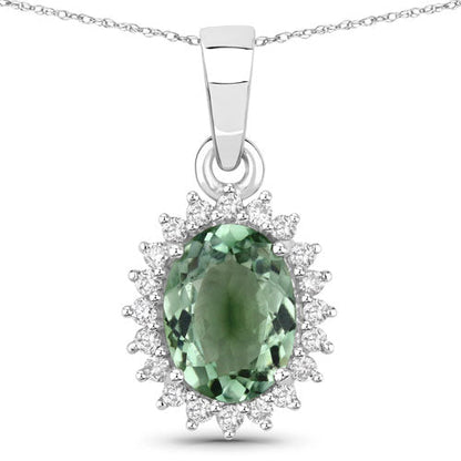 1.39 Carat Genuine Green Tourmaline and White Diamond 14K White Gold Pendant