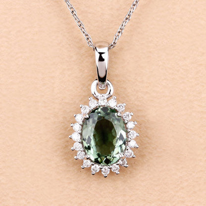 1.39 Carat Genuine Green Tourmaline and White Diamond 14K White Gold Pendant