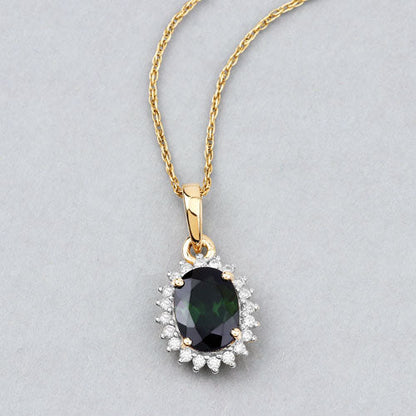 1.39 Carat Genuine Green Tourmaline and White Diamond 14K Yellow Gold Pendant