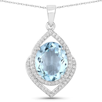 3.82 Carat Genuine Aquamarine and White Diamond 14K White Gold Pendant