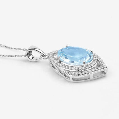 3.82 Carat Genuine Aquamarine and White Diamond 14K White Gold Pendant
