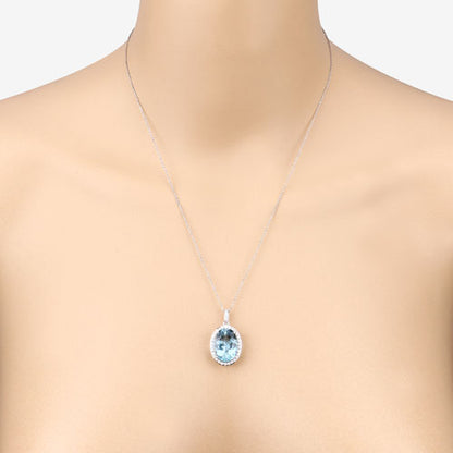 9.59 Carat Genuine Aquamarine and White Diamond 14K White Gold Pendant