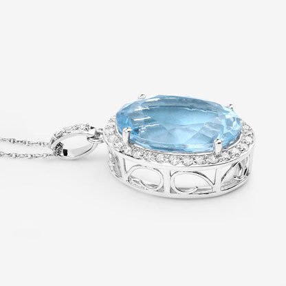 9.59 Carat Genuine Aquamarine and White Diamond 14K White Gold Pendant