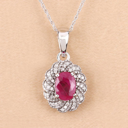 0.95 Carat Genuine Ruby and White Diamond 10K White Gold Pendant