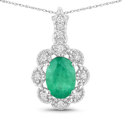 0.79 Carat Genuine Zambian Emerald and White Diamond 10K White Gold Pendant