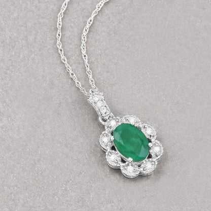 0.79 Carat Genuine Zambian Emerald and White Diamond 10K White Gold Pendant