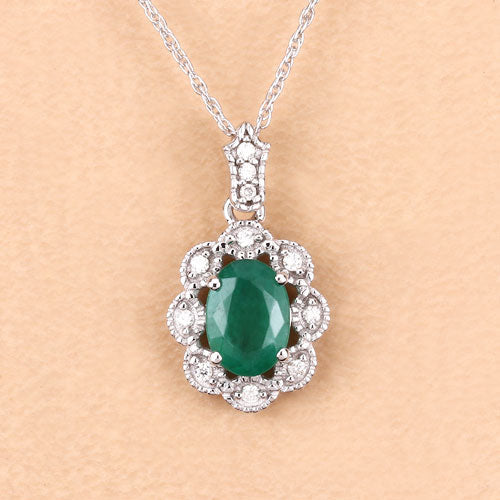 0.79 Carat Genuine Zambian Emerald and White Diamond 10K White Gold Pendant