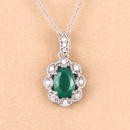 0.79 Carat Genuine Zambian Emerald and White Diamond 10K White Gold Pendant