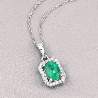 0.83 Carat Genuine Zambian Emerald and White Diamond 10K White Gold Pendant