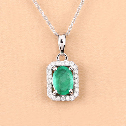 0.83 Carat Genuine Zambian Emerald and White Diamond 10K White Gold Pendant