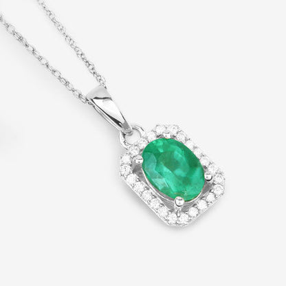 0.83 Carat Genuine Zambian Emerald and White Diamond 10K White Gold Pendant