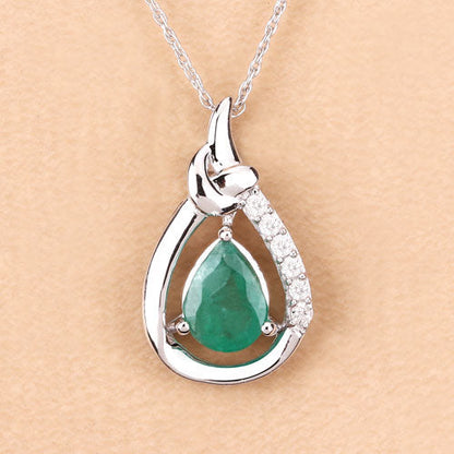 1.18 Carat Genuine Zambian Emerald and White Diamond 10K White Gold Pendant