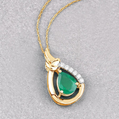 1.18 Carat Genuine Zambian Emerald and White Diamond 10K Yellow Gold Pendant