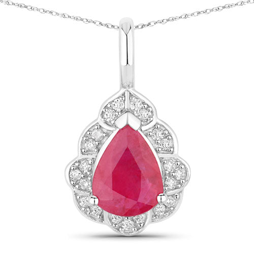 1.29 Carat Genuine Ruby and White Diamond 14K White Gold Pendant