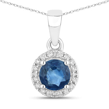 0.72 Carat Genuine Blue Sapphire and White Diamond 14K White Gold Pendant